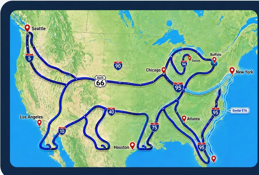 Карта маршрутов Dog Transport USA по США